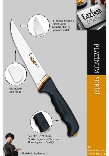 Lazbisa MFT-247 Platinum Serisi Mutfak Bıçak Seti Et Ekmek Sebze Meyve Bıçağı 3 Lü Set Günlük Kullanım Siyah