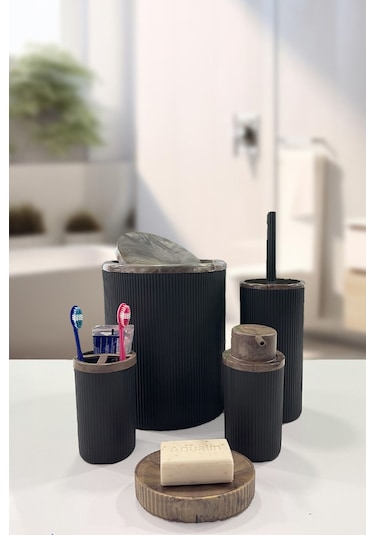 Biltaş Plastik Auaro 5 Parça Siyah Çizgili Kahverengi Akrilik Desenli Yuvarlak 5'li Banyo Seti Siyah