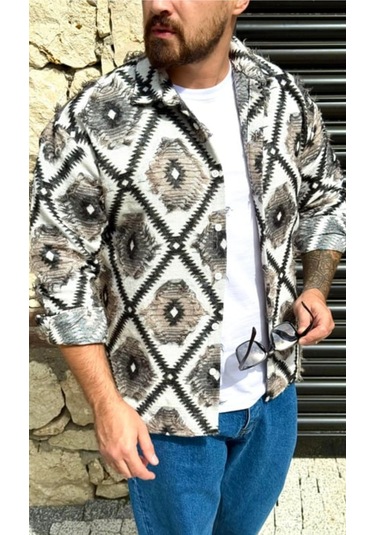 Erkek Etnik Desen Gömlek Haki