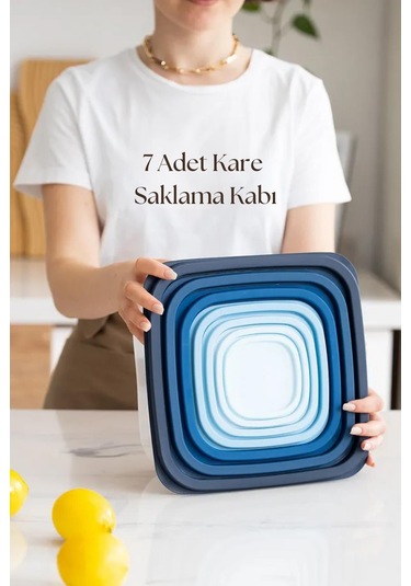 Kare 7 Parça Hava Almaz Sızdırmaz Saklama Kabı Seti Mavi 200/330/630/1100/1800/3300/5600 Ml Mavi