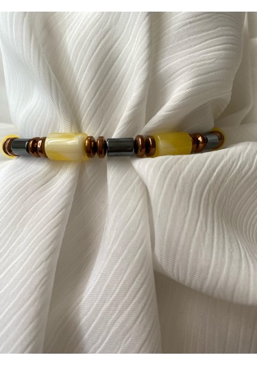 İlknur Doğal Taş Evi Kehribar Ve Hematit Bileklik Sarı - Siyah