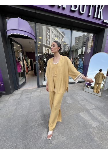 Kol Detaylı Salaş Keten Kimono Safran Sarısı-101 Bej