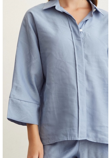 Never More Yarasa Kol Keten Gömlek Mavi