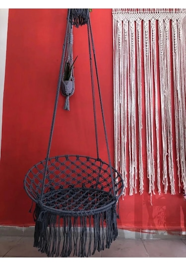 Makrome Özel Örgü Salıncak Hamak Pamuk Ip 60 X 80 Gri