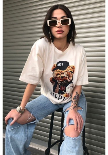 Modagen Kadın Happier Oversize Baskılı Bej T-shirt Hp Bej