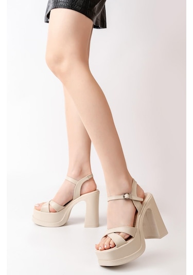 Asmi Shoes Kadın Çapraz Bantlı 12 Cm Platformlu Topuklu Ayakkabbı Krem Krem