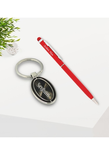 Kişiye Özel Kırmızı Touchpen Tükenmez Kalem Ve Metal Anahtarlık H