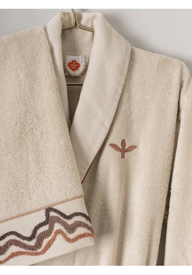 Cotton Box Puff Nakışlı Aile Bornoz Seti Gala Bej- Petrol Petrol