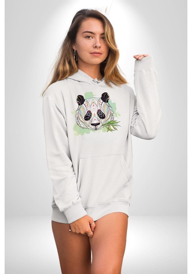Panda Mandala Kadın Erkek Beyaz Kapüşonlu Sweatshirt Hoodie Beyaz