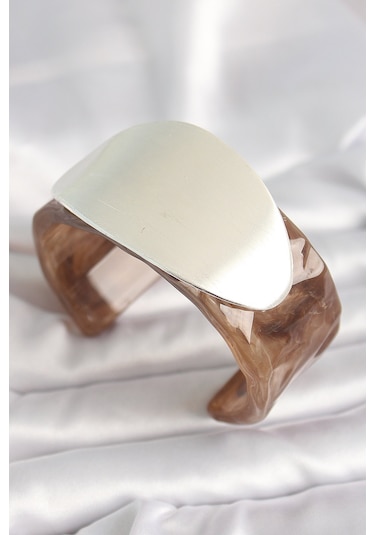 Kahverengi Mermer Desen Akrilik Plastik Gümüş Oval Plaka Model Vintage Kadın Bilezik Kahverengi