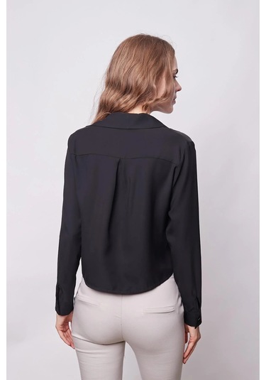 Kadın Likrasız Şık Kumaş Yakalı Uzun Kol Kısa Gömlek-siyah Siyah