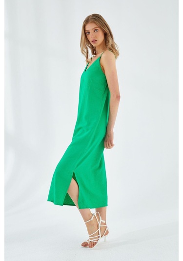 4252 Kadın İp Askılı V Yaka Elbise Yeşil Yeşil