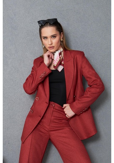 4 Düğmeli Kruvaze Yünefekt Takım Kırmızı Kırmızı