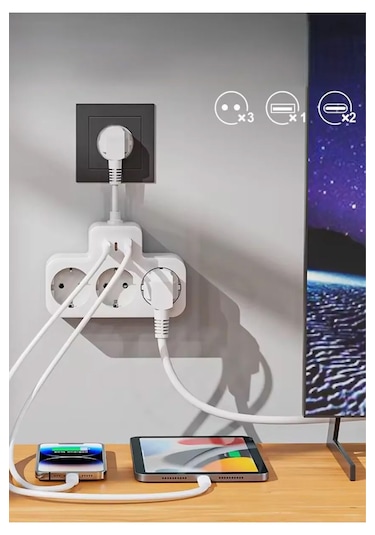 Çoklu Kablolu Priz-priz Çoğaltıcı 1usb-2typec Beyaz