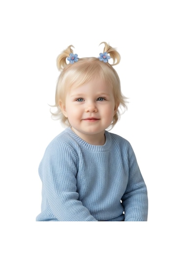 Simli Çiçekli Kız Bebek Çocuk Toka 2li Mavi