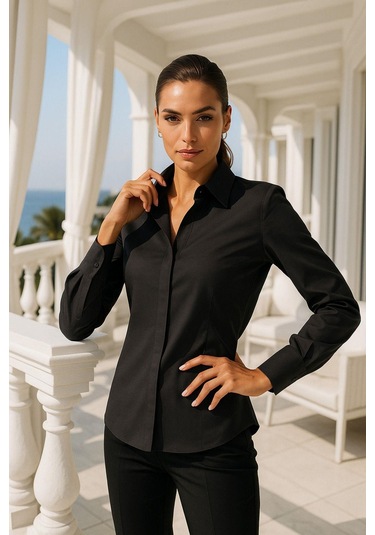 Kadın Siyah Viskon Gizli Düğme Detaylı Slim Fit Trend Gömlek Çok Renkli