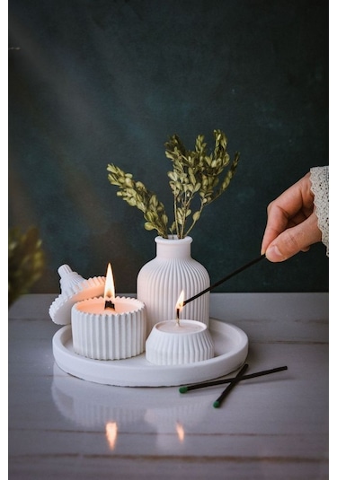 5 Parça Beyaz Renk Özel Tasarım Kokulu Soya Mum, Vazo, Tealightlı