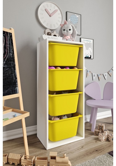 %100 Mdf - Large Mono 4 Büyük Sepetli Oyuncak Dolabı Sarı