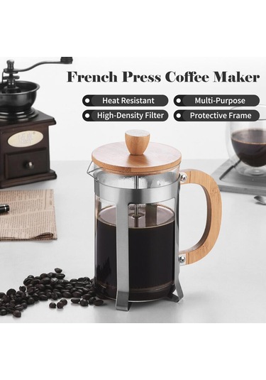 Mufunye 600ml Borosilikat Cam Fransız Presi: Ahşap Kollü, Çelik Filtreli, Kahve/çay Hazırlama, Kolay Temizleme Renkli