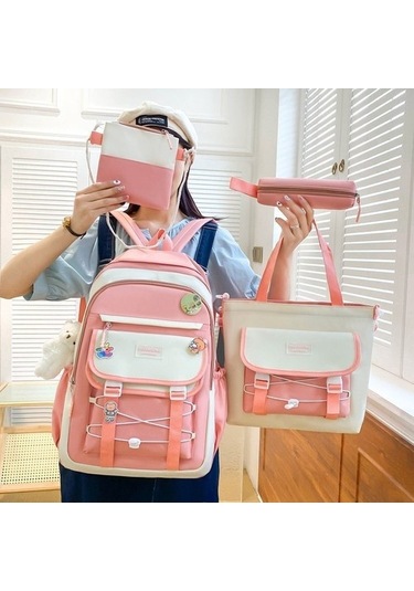 Mori Retro Kampüs Turu Ortaokul Dört Parçalı Ortaokul Öğrenci Okul Çantası Kadın Ortaokul Okul Çantası Büyük Kapasite Vl9yvo Pembe