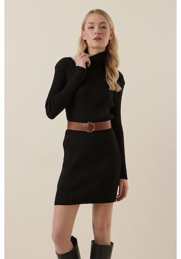 15797 Balıkçı Yaka Triko Elbise - Siyah 001