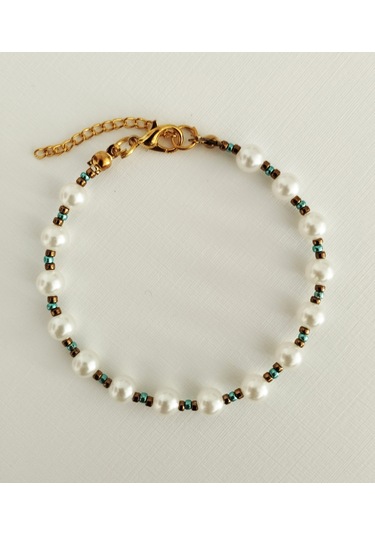 B215 İnci Boncuklu Bileklik Altın - Beyaz