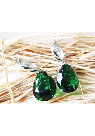 Lilahgümüştr Gümüş Damla Yeşil Taşlı Kadın Küpe