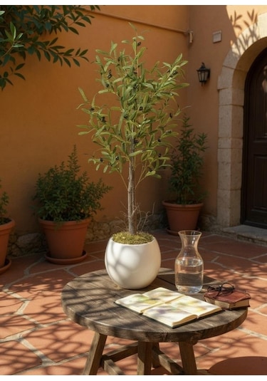 Yapay Zeytin Ağacı 130cm İki Gövdeli Beyaz Küre Saksıda Salex Doğal Gerçek Görünümlü Yapay Ağaç