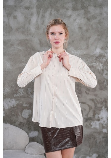 Çizgili Klasik Kadın Gömlek Bej
