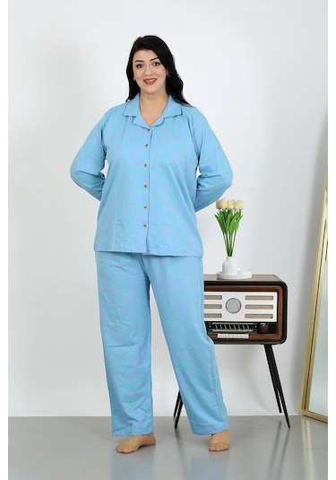 Akbeniz Kadın Büyük Beden Pamuklu Cepli Düğmeli Mavi Pijama Takım 202504 Mavi