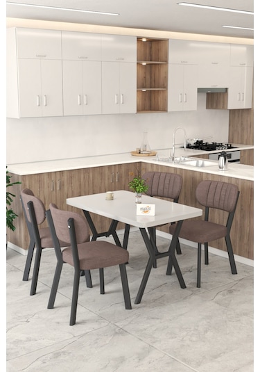 Gnr 70x110cm Sabit Beyaz Mutfak Masası Takımı, Yemek Masası, 4 Modern Kahverengi Sandalye Kahverengi