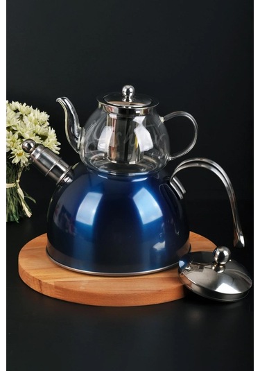 Nishev Zeyno Düdüklü Emaye Çelik Cam Çaydanlık Takımı Mavi Mavi