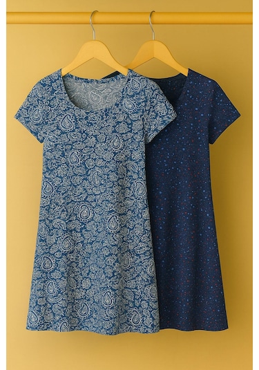 2 Adet Dökümlü Rahat Kalıp Günlük Penye Kumaş Elbise Lacivert-indigo