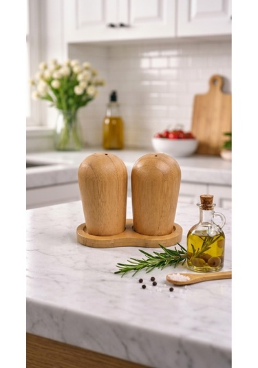 Makri Home Klasik Stantlı Bambu Tuzluk & Karabiberlik Seti Doğal Bambu Baharatlık Diğer