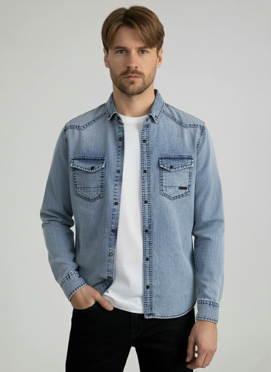 Erkek Gömlek Slim Fit Yıklamalı Kot Gömlek Mavi