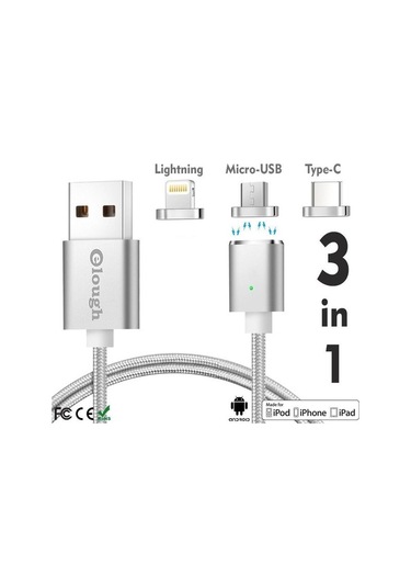 1 Metre Mıknatıslı 3 in 1 Manyetik Soket Şarj Kablosu
