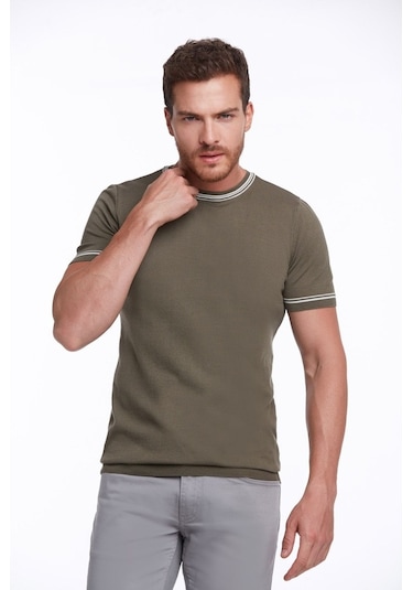 Hatemoğlu Haki Slim Fit Basic Bisiklet Yaka Triko Tişört-Haki