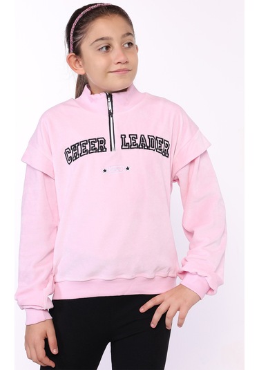 Toontoy Kız Çocuk Fermuar Detaylı Nakışlı Kadife Sweatshirt Pembe
