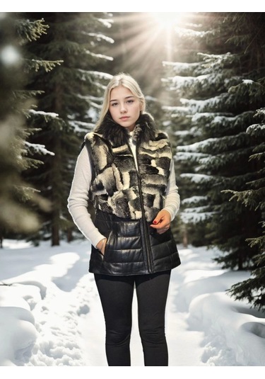 Kadın Kolsuz Hakiki Deri Kürk - Siyah Bordo