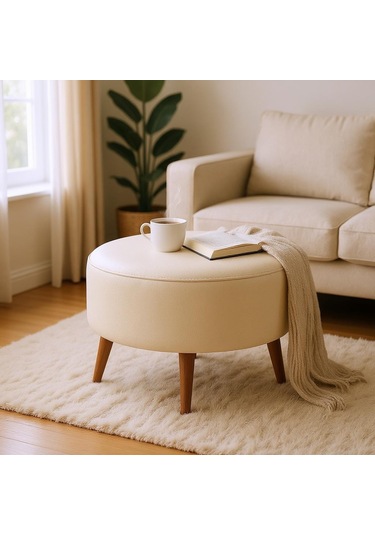 Large Büyük Yuvarlak Modern Puf - 60 Cm - Deri Kumaş - Krem