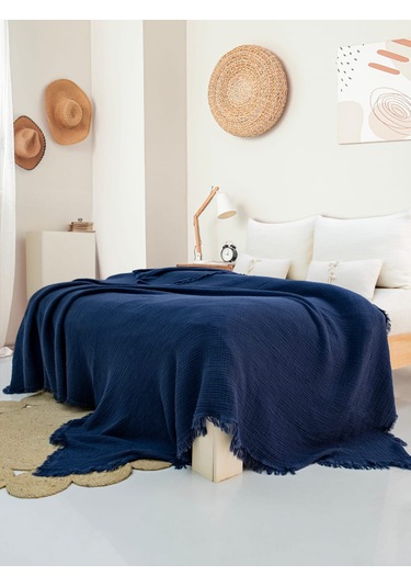 4 Katlı Müslin Yatak Örtüsü - Lacivert Renk Çift Kişilik Pike Lacivert