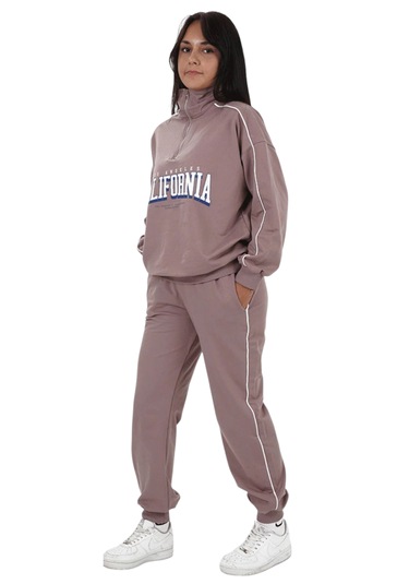 Kız Çocuk California Yazılı Yarım Fermuar Model Pudra Renk Oversize Eşofman Takımı Pudra
