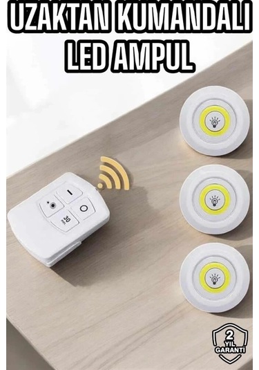 Bfs Led Lamba 3'lü Uzaktan Kumandalı Yapışkanlı Beyaz Işık Çok Renkli