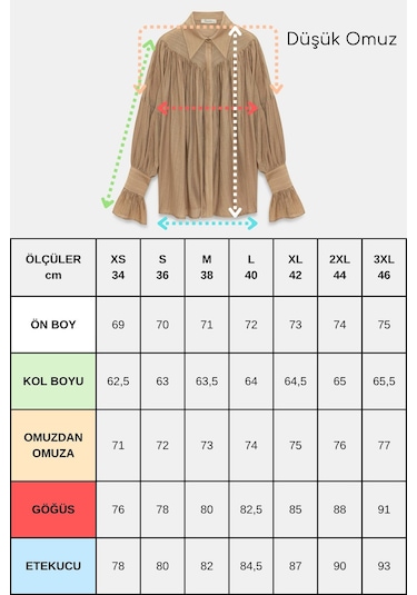 Saade Sââde Kadın Oversize Büzgülü Düşük Omuz Dokulu Gömlek - Manşet Detaylı Koyu Vizon