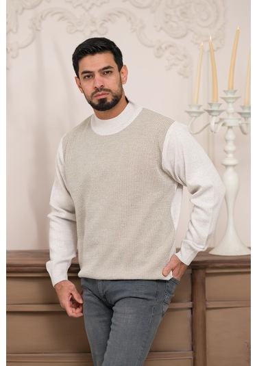 Woolen World Balıkçı Yaka Desenli Yünlü Erkek Triko Kazak Krem