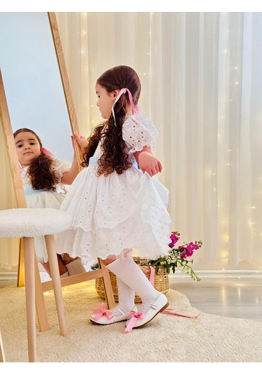 Beyaz Mavi Kemerli Vintage Elbise, Özel Dikim Çocuk Elbisesi, Doğum Günü Elbisesi,0-12 Yaşa Uygun Beyaz