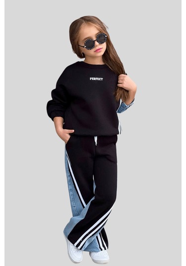 5-14 Yaş Perfect Kot Garnili Şeritli Kız Çocuk Takım Siyah Siyah
