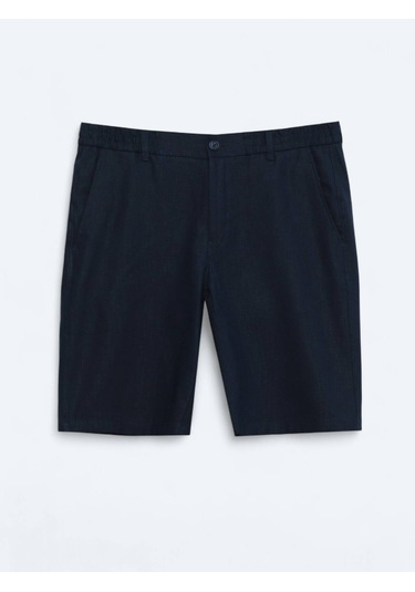 Lacivert Dokuma Jogging Fit Casual Pamuk Karışımlı Bermuda Lacivert