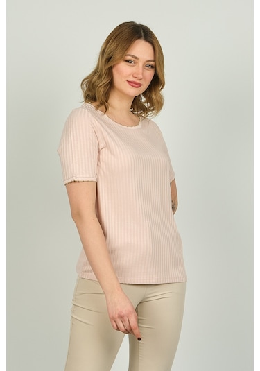 Ella Camelia Kadın Çizgili Bisiklet Yaka Kısa Kol Bluz 1e027 Pudra
