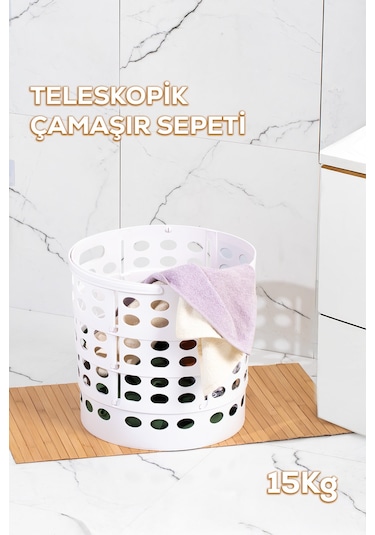Porsima 25100 Teleskopik Katlanır Sepet Katlanabilir Çamaşır Sepeti Orta Boy Katlanır Çamaşır Sepeti Beyaz 15lt Beyaz